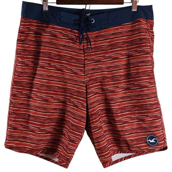 Hollister Men 34 Swim Trunks Board Shorts Red Stripe Drawstring Pocket Surfwear - Picture 2 of 8